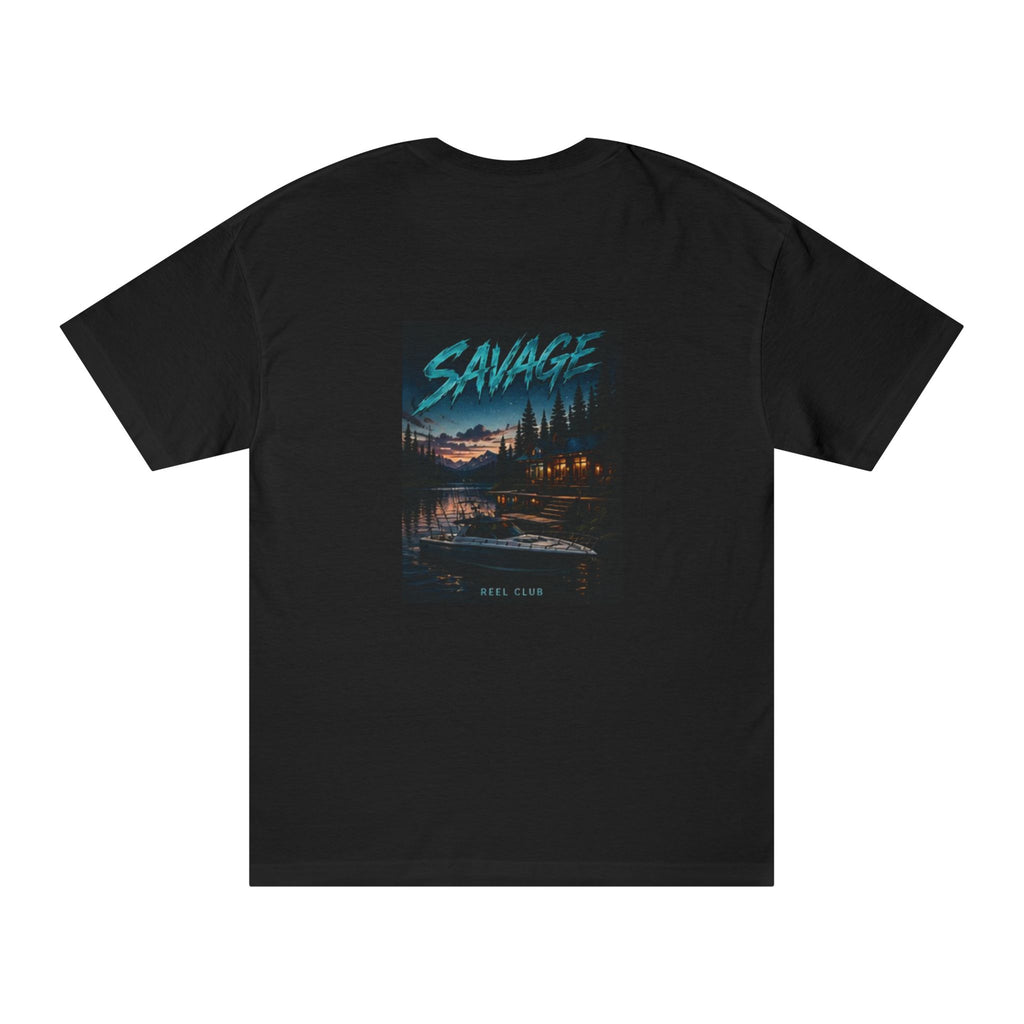 Savage Lakeside Tee with retro cabin sunset design, casual graphic T-shirt by Printify, featuring outdoor lake scene and warm sunset colors.