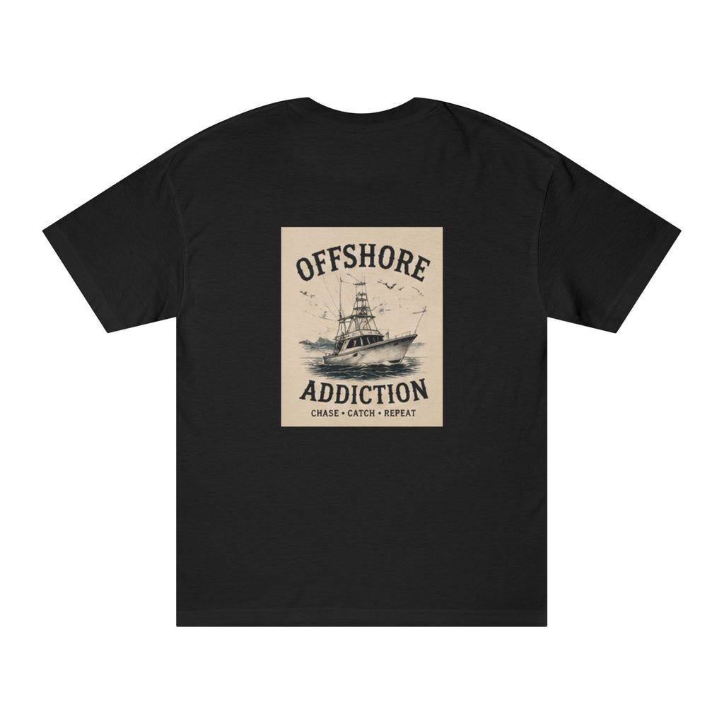 Offshore Addiction vintage boat fishing T-shirt by Printify featuring nautical boat graphic on soft cotton fabric.