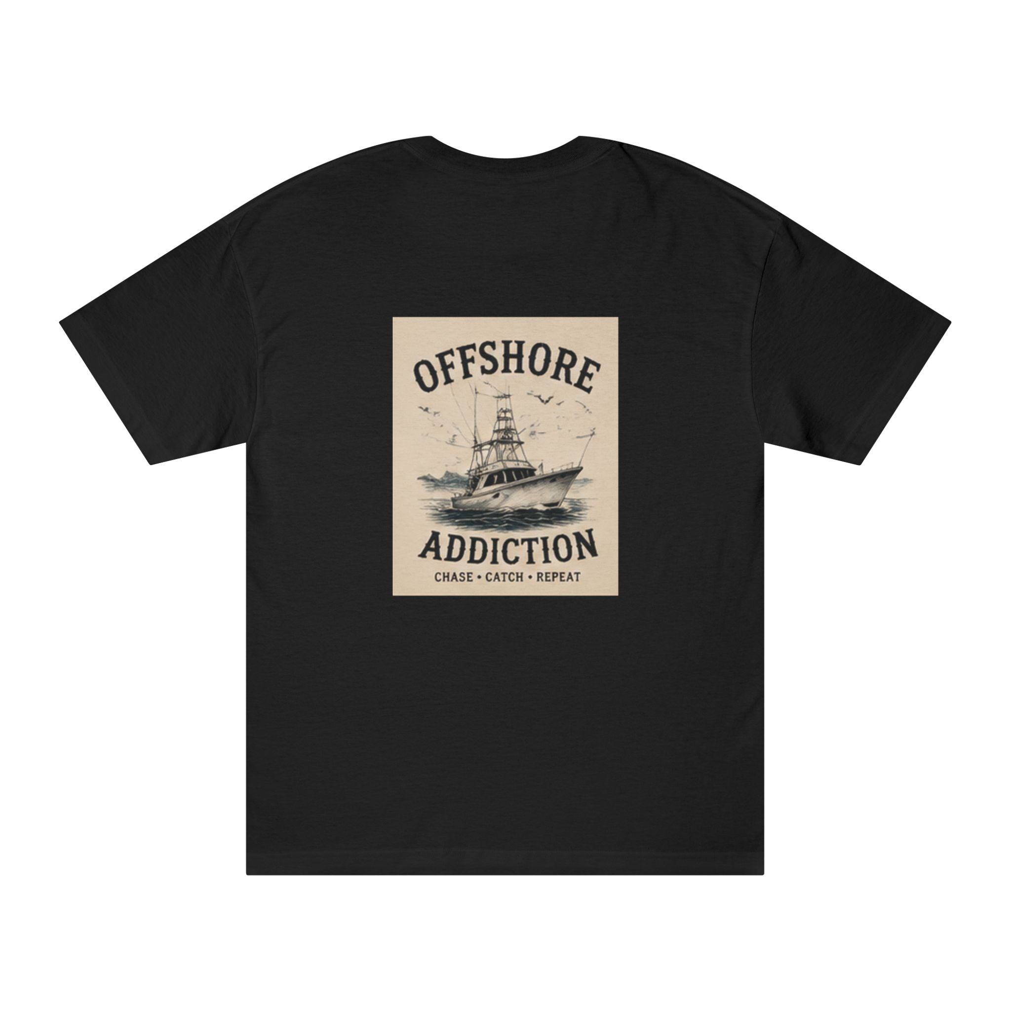 Offshore Addiction vintage boat fishing T-shirt by Printify featuring nautical boat graphic on soft cotton fabric.