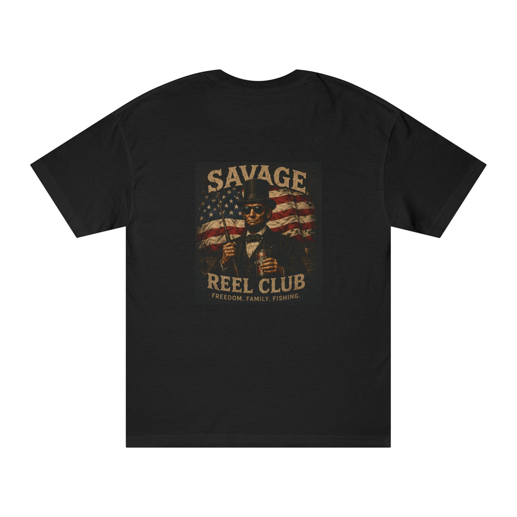 Vintage fishing patriotic graphic T-shirt featuring "Savage Reel Club" design, Printify brand, with fishing and American flag elements.