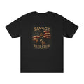 Vintage fishing patriotic graphic T-shirt featuring "Savage Reel Club" design, Printify brand, with fishing and American flag elements.