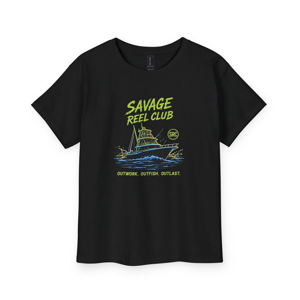 Kids youth tee featuring a "Savage Reel Club" fishing boat graphic, made by Printify, ideal for kids' casual wear.