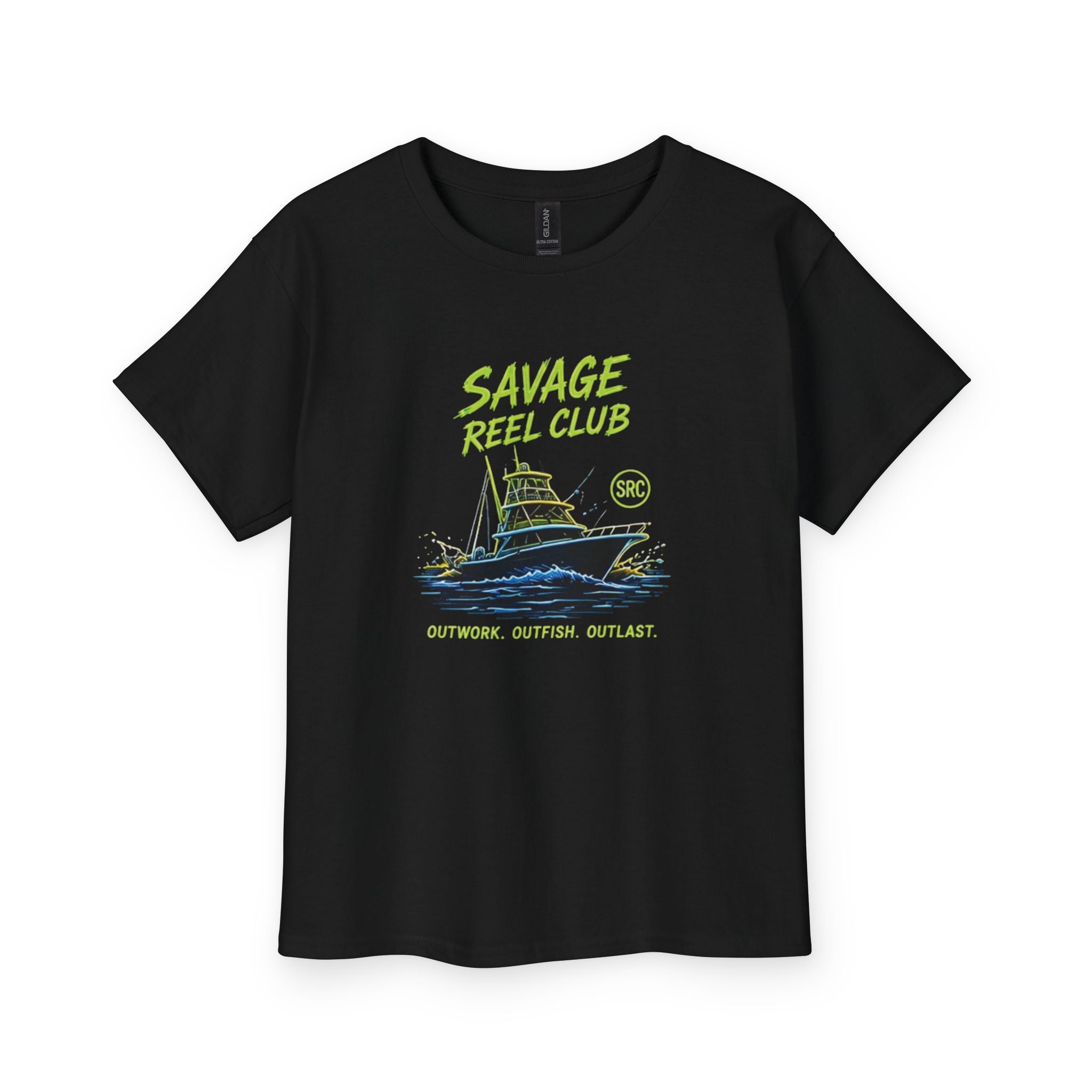 Kids youth tee featuring a "Savage Reel Club" fishing boat graphic, made by Printify, ideal for kids' casual wear.