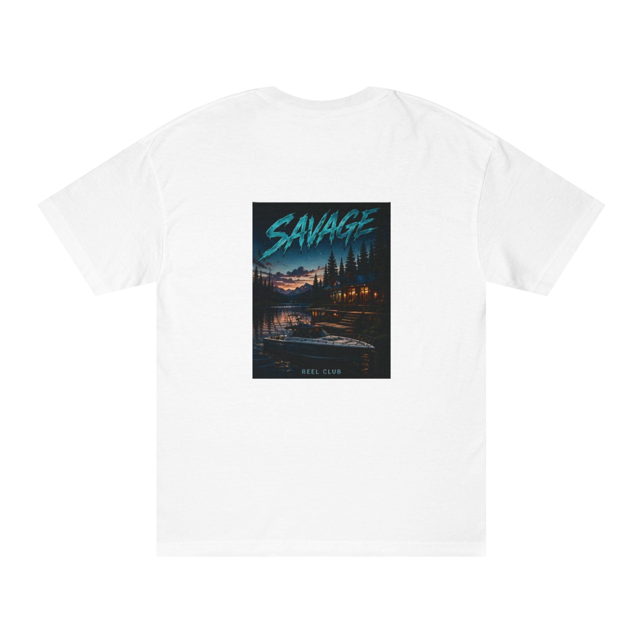 Printify Savage Lakeside Tee featuring a retro cabin sunset design on a casual t-shirt.