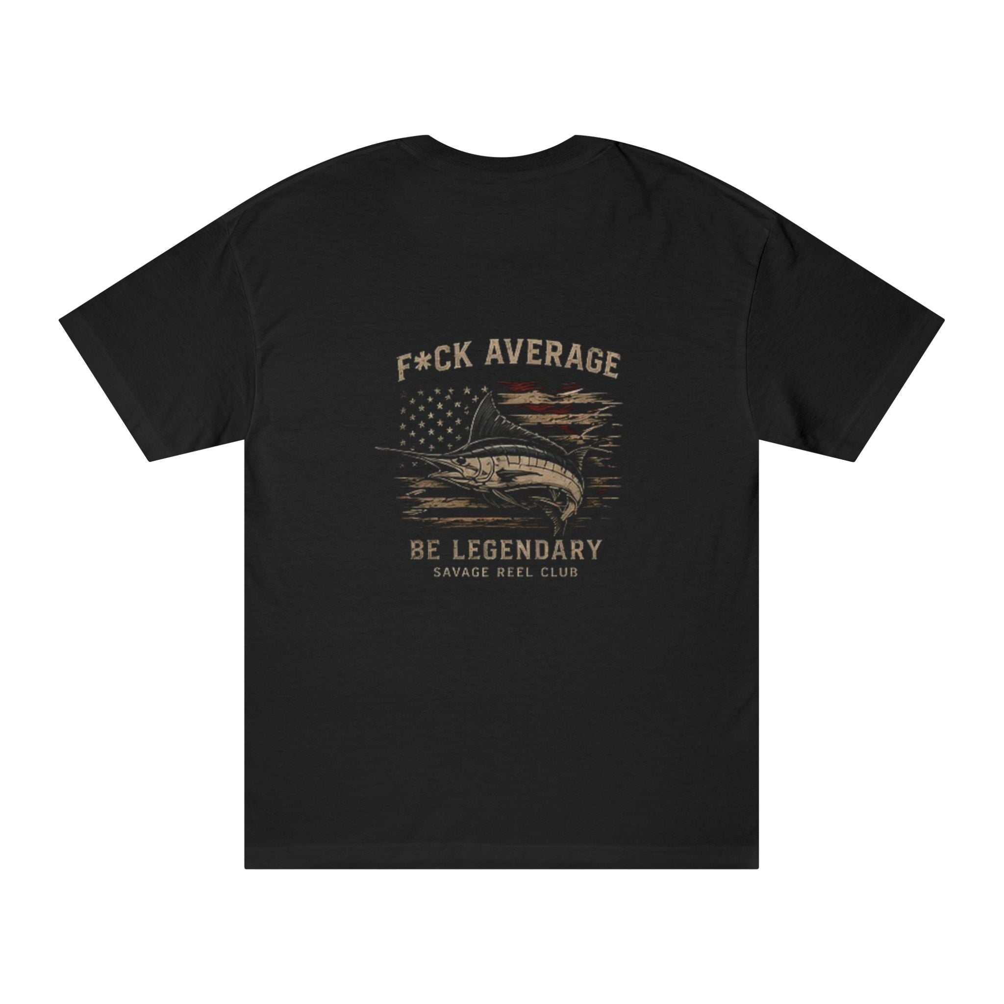 Printify Be Legendary "F*ck Average" motivational graphic T-shirt featuring bold text on a casual black cotton tee.