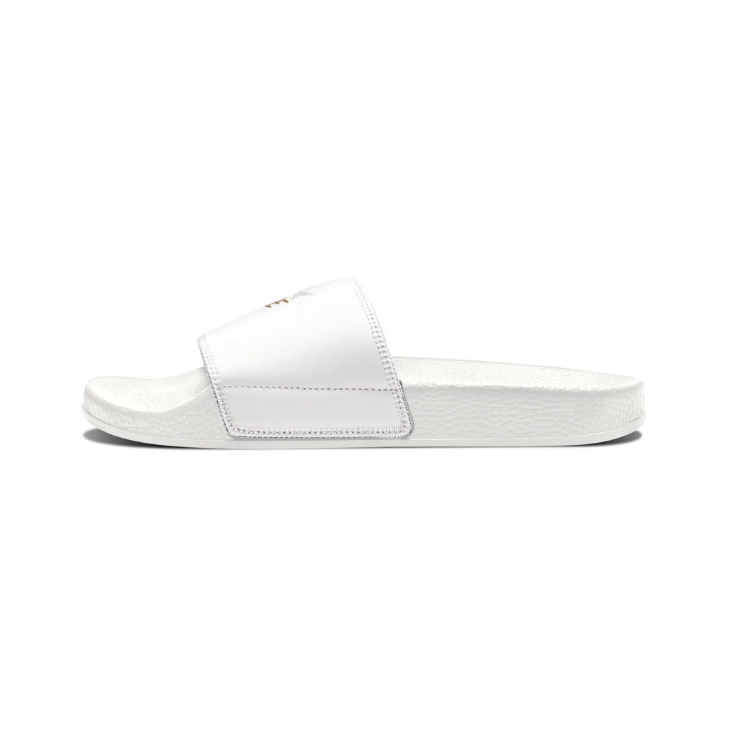White Slide Sandals with removable straps, labeled 'SAVAGE', casual pool slides by Printify, featuring comfortable open-toe design.