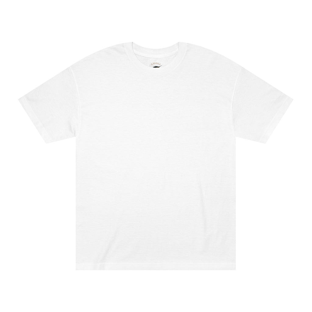 Men's fishing T-shirt with a marlin graphic and "Savage Reel Club" print, made by Printify, featuring ocean fishing design.