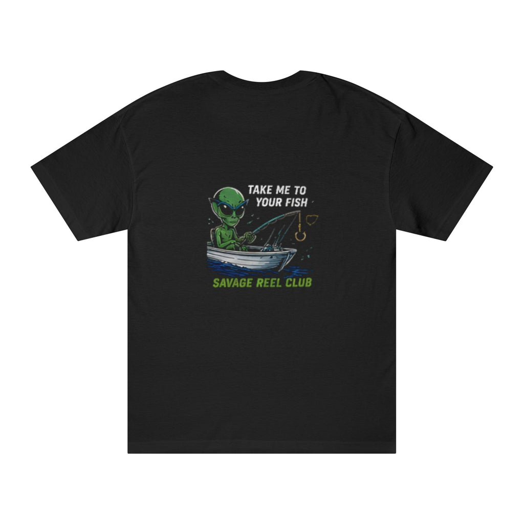 Printify alien fishing T-shirt with "Save Me to Your Fish" graphic by Savage Reel Club on a casual men's T-shirt.