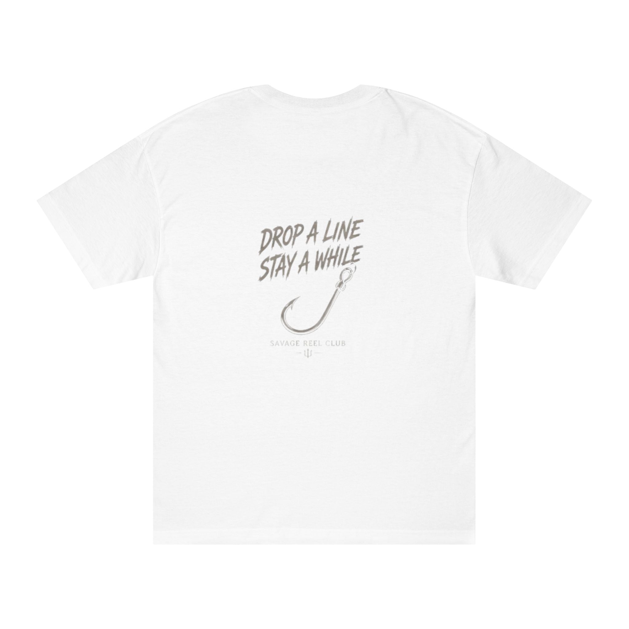 Fishing T-Shirt with "Drop a Line Stay a While" graphic, casual print tee for anglers, featuring fishing-themed design.