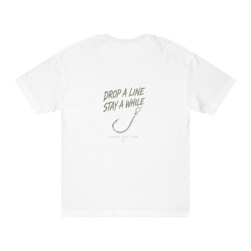 Fishing T-Shirt with "Drop a Line Stay a While" graphic, casual print tee for anglers, featuring fishing-themed design.