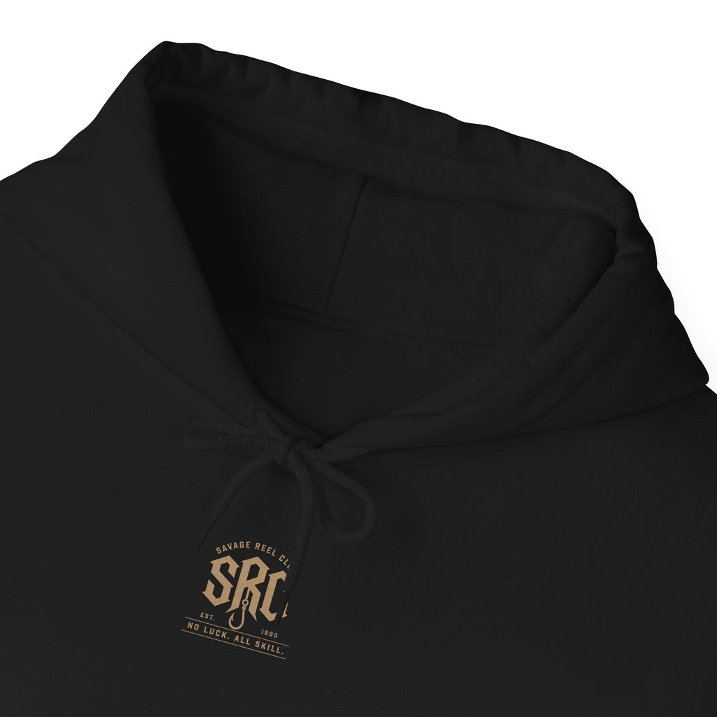 Printify Savage Reel Club hoodie featuring a fishing skull logo pullover in black, casual hoodie with front graphic design.