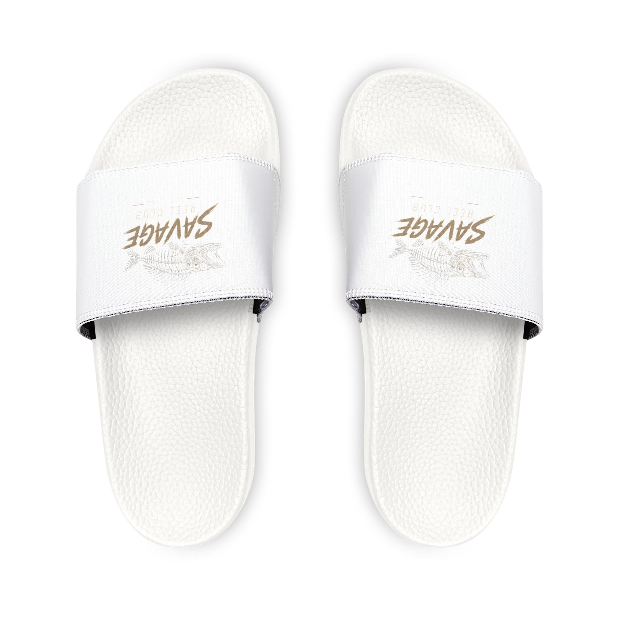 White Slide Sandals with removable straps from Printify, featuring a casual pool slide design and comfortable open-toe style.