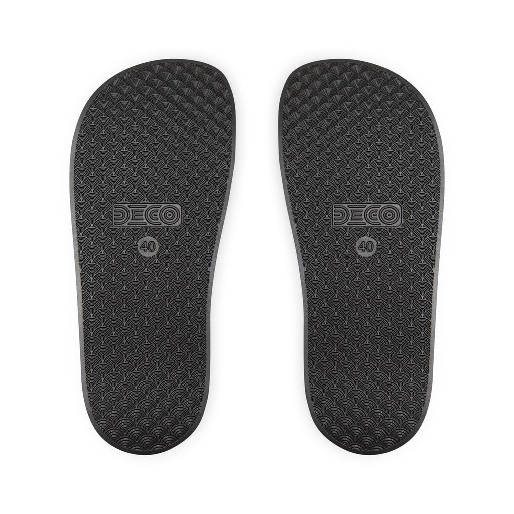 White Slide Sandals with removable straps, labeled 'SAVAGE', showing casual pool slide design by Printify