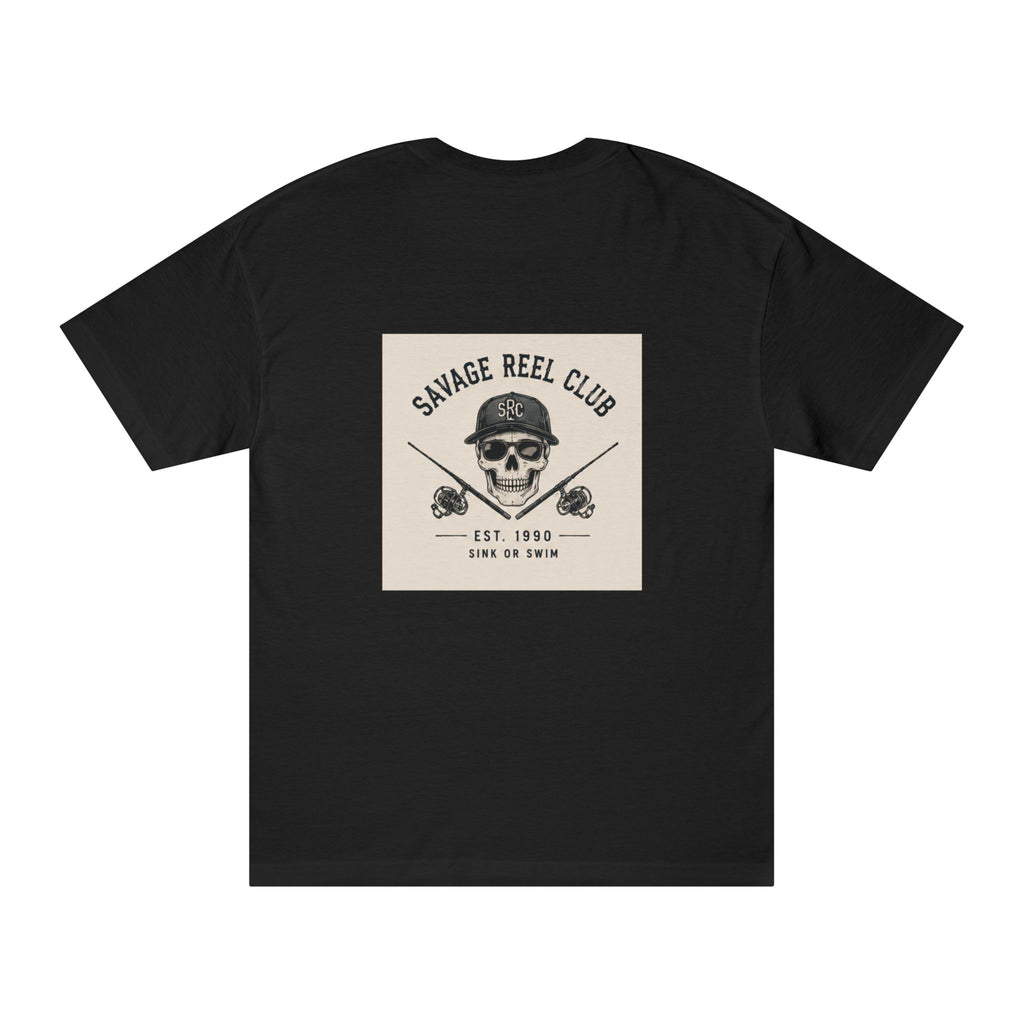 Printify Savage Reel Club fishing T-shirt featuring skull and crossed fishing rods design on comfortable cotton fabric.