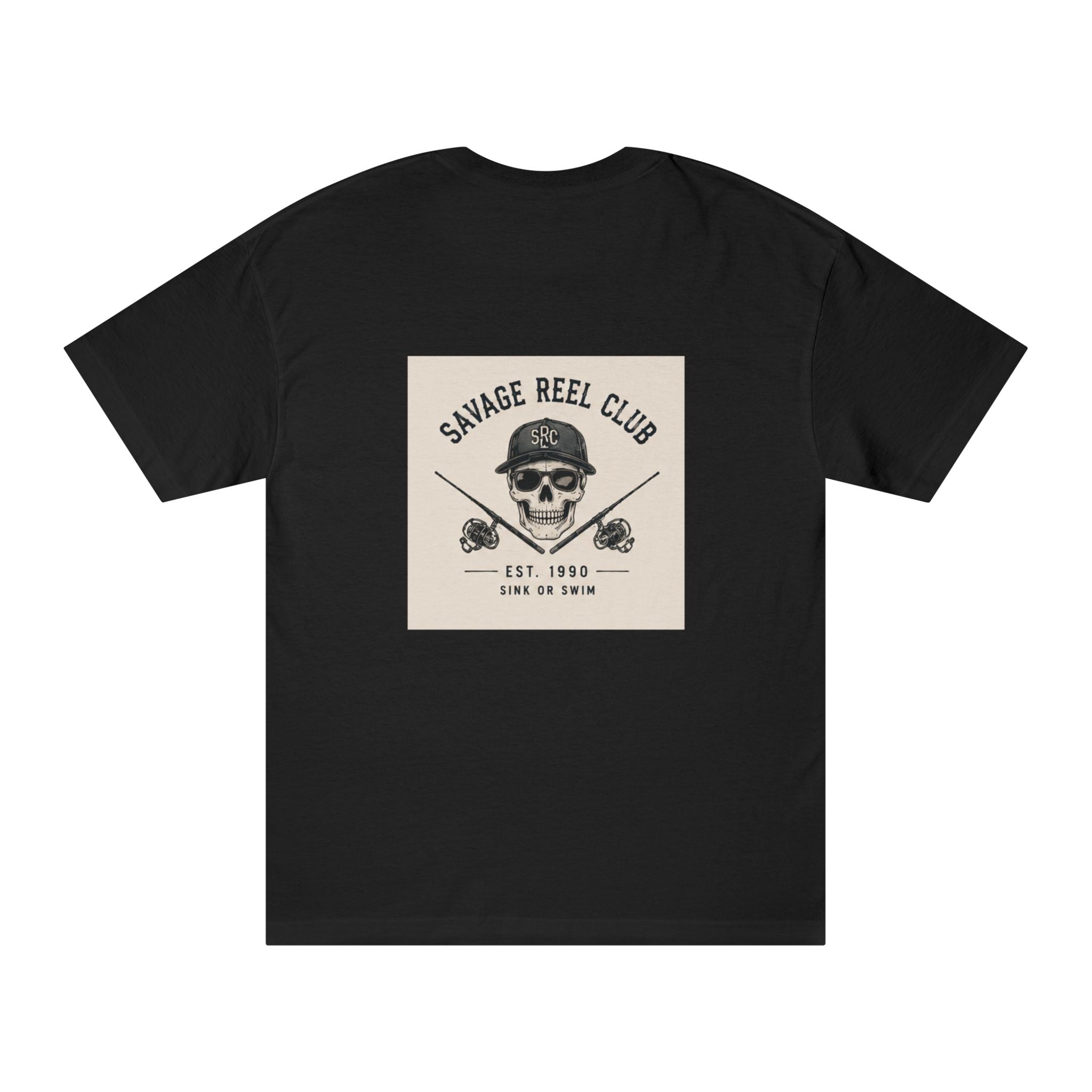 Printify Savage Reel Club fishing T-shirt featuring skull and crossed fishing rods design on comfortable cotton fabric.