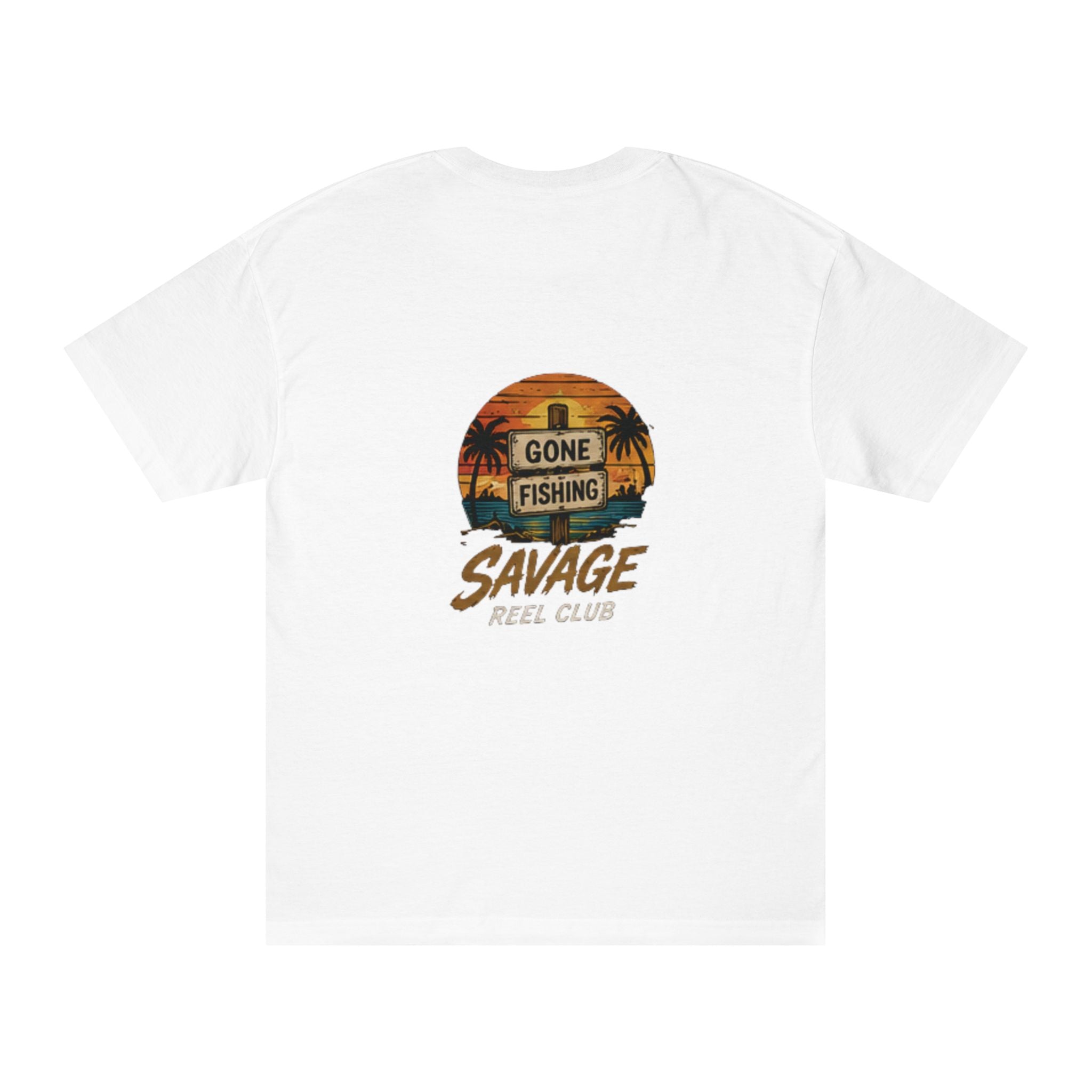 Gone Fishing Savage Reel Club T-shirt by Printify featuring a casual fishing-themed design on a comfortable cotton tee.