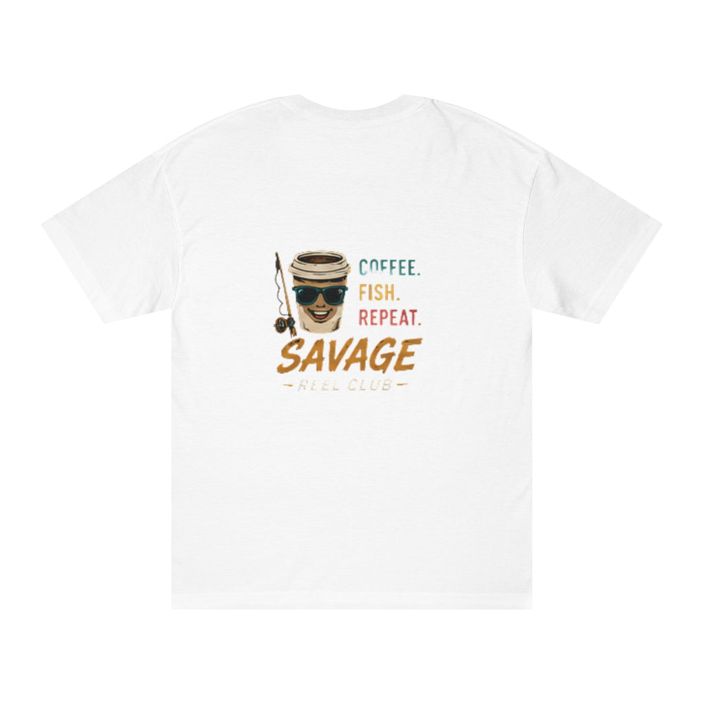 Graphic fishing T-shirt by Printify featuring "Coffee. Fish. Repeat. Savage" design on a casual cotton tee.