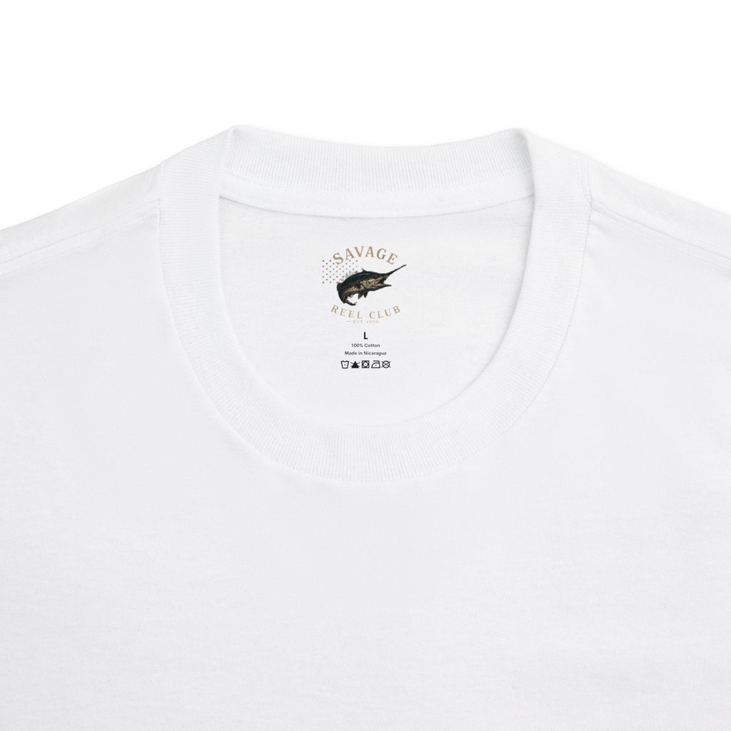 Men's fishing T-shirt with a marlin graphic and "Savage Reel Club" logo, made by Printify, casual wear for fishing enthusiasts.