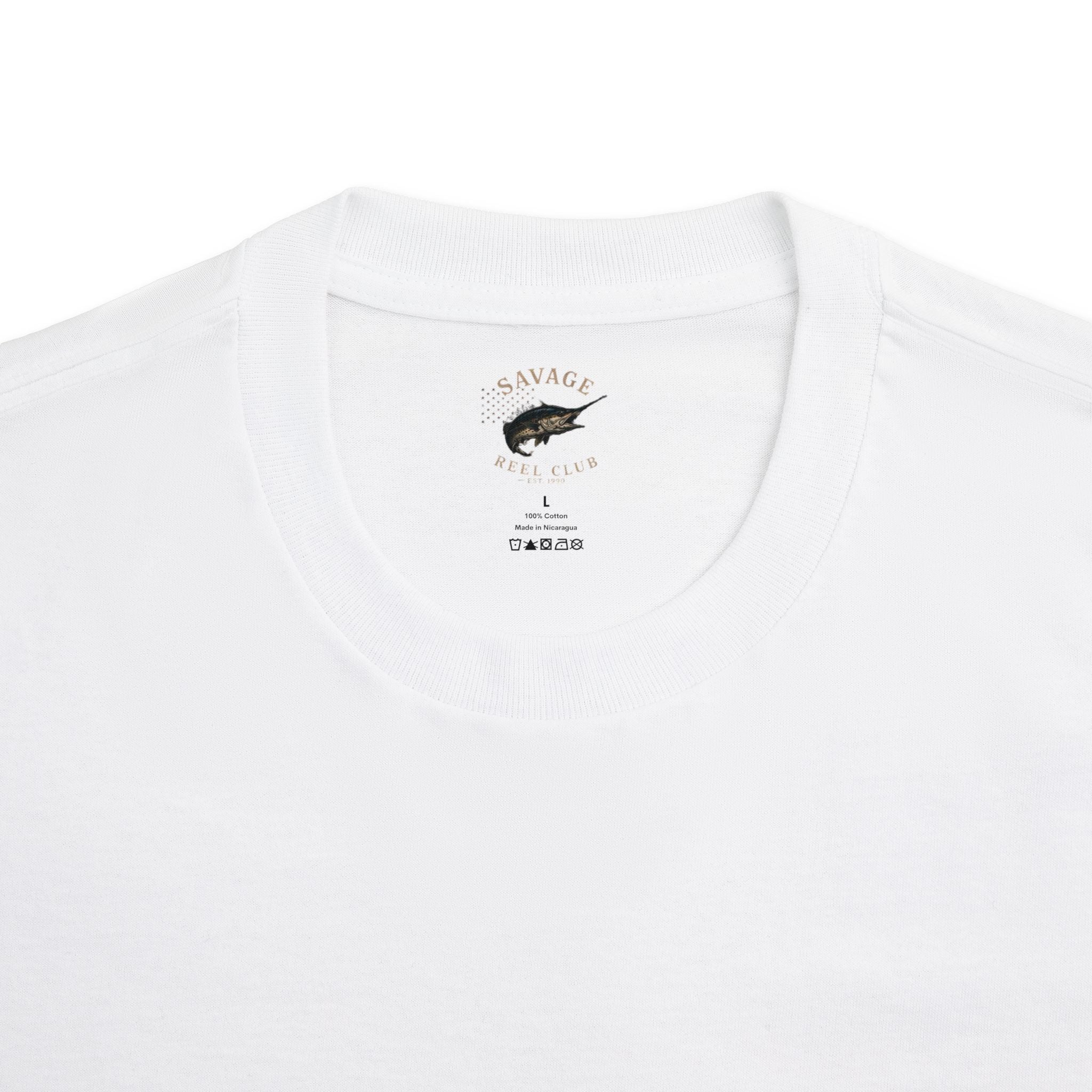Men's fishing T-shirt with a marlin graphic and "Savage Reel Club" logo, made by Printify, casual wear for fishing enthusiasts.