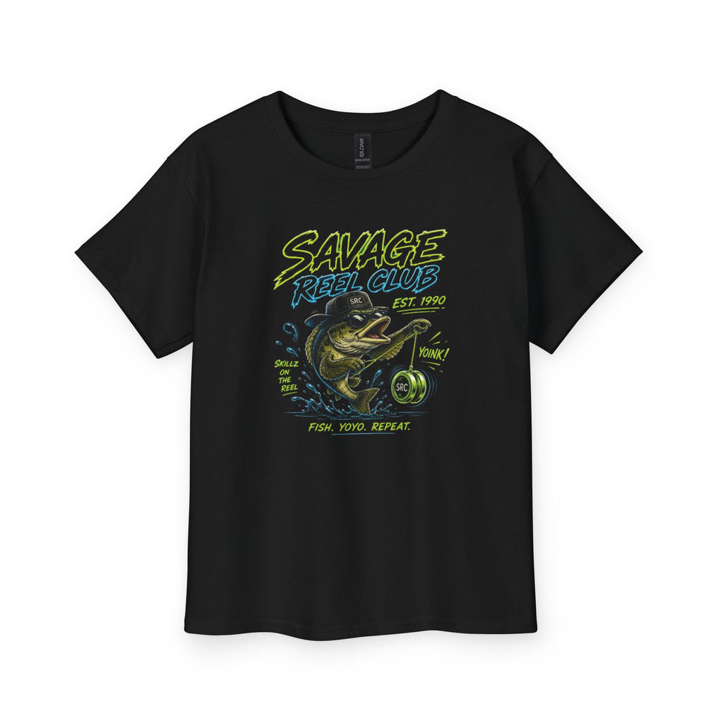 Youth fishing tee shirt featuring "Savage Reel Club" bass design, colorful kids' fishing graphic on a comfortable cotton shirt.