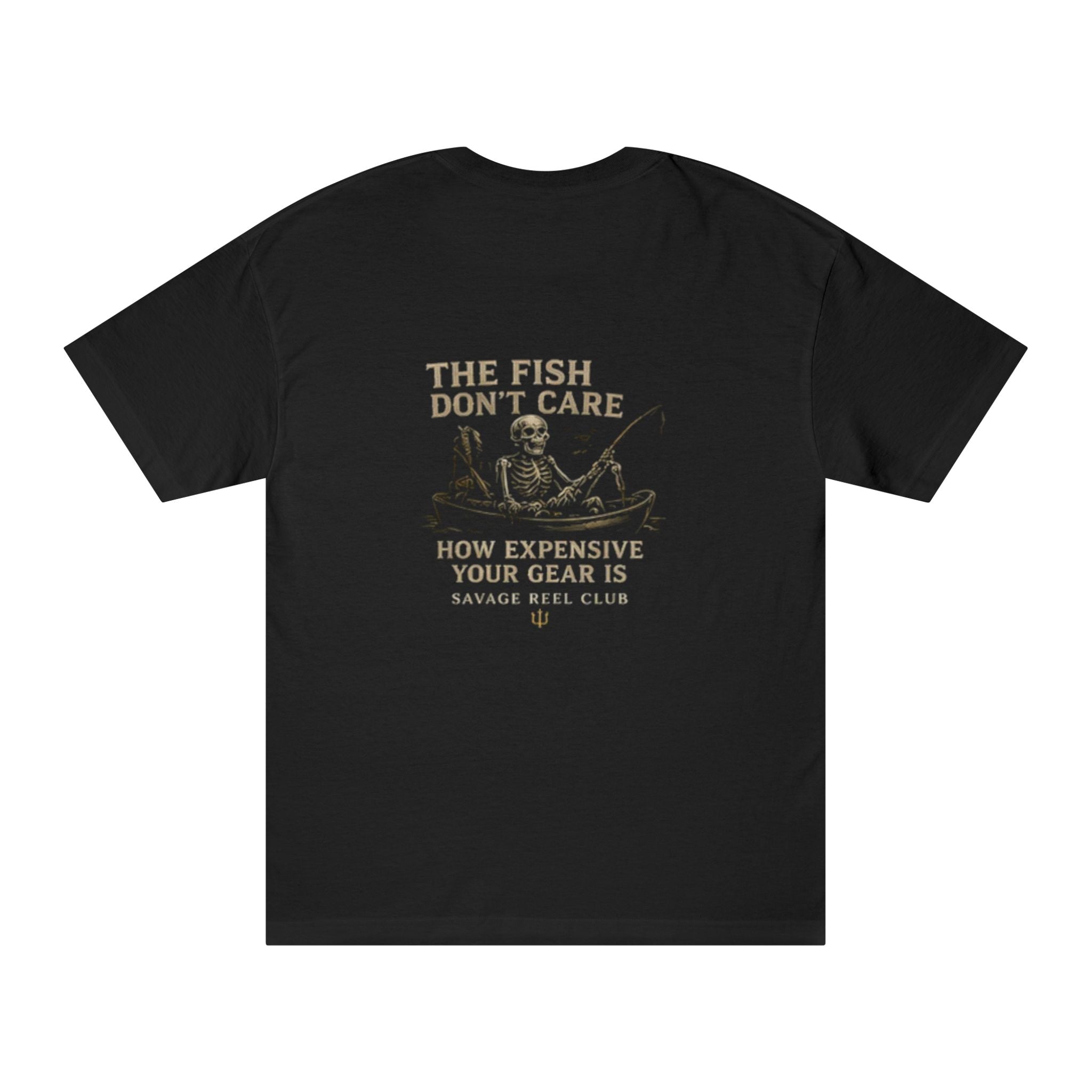 Men's fishing T-shirt titled "The Fish Don’t Care" by Printify, featuring a casual design with fishing-themed graphics.