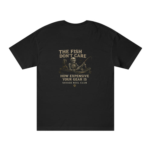 Men's fishing T-shirt titled "The Fish Don’t Care" by Printify, featuring a casual design with fishing-themed graphics.