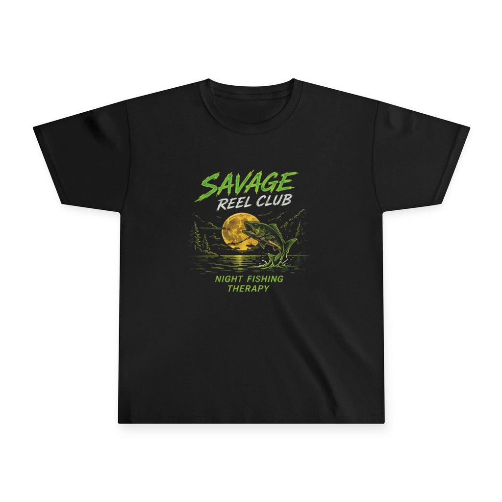 Kids' navy t-shirt from Savage Reel Club featuring night fishing therapy design, made by Printify for youth casual wear.