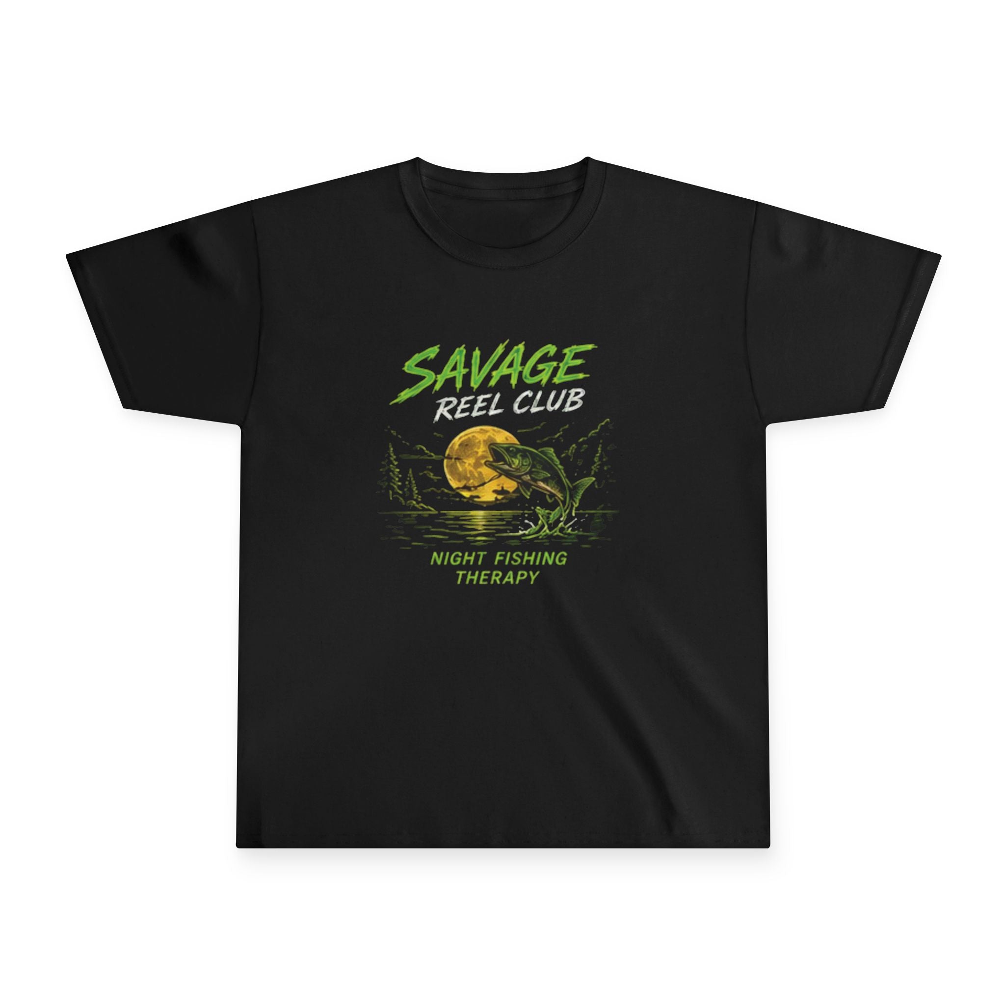 Kids' navy t-shirt from Savage Reel Club featuring night fishing therapy design, made by Printify for youth casual wear.