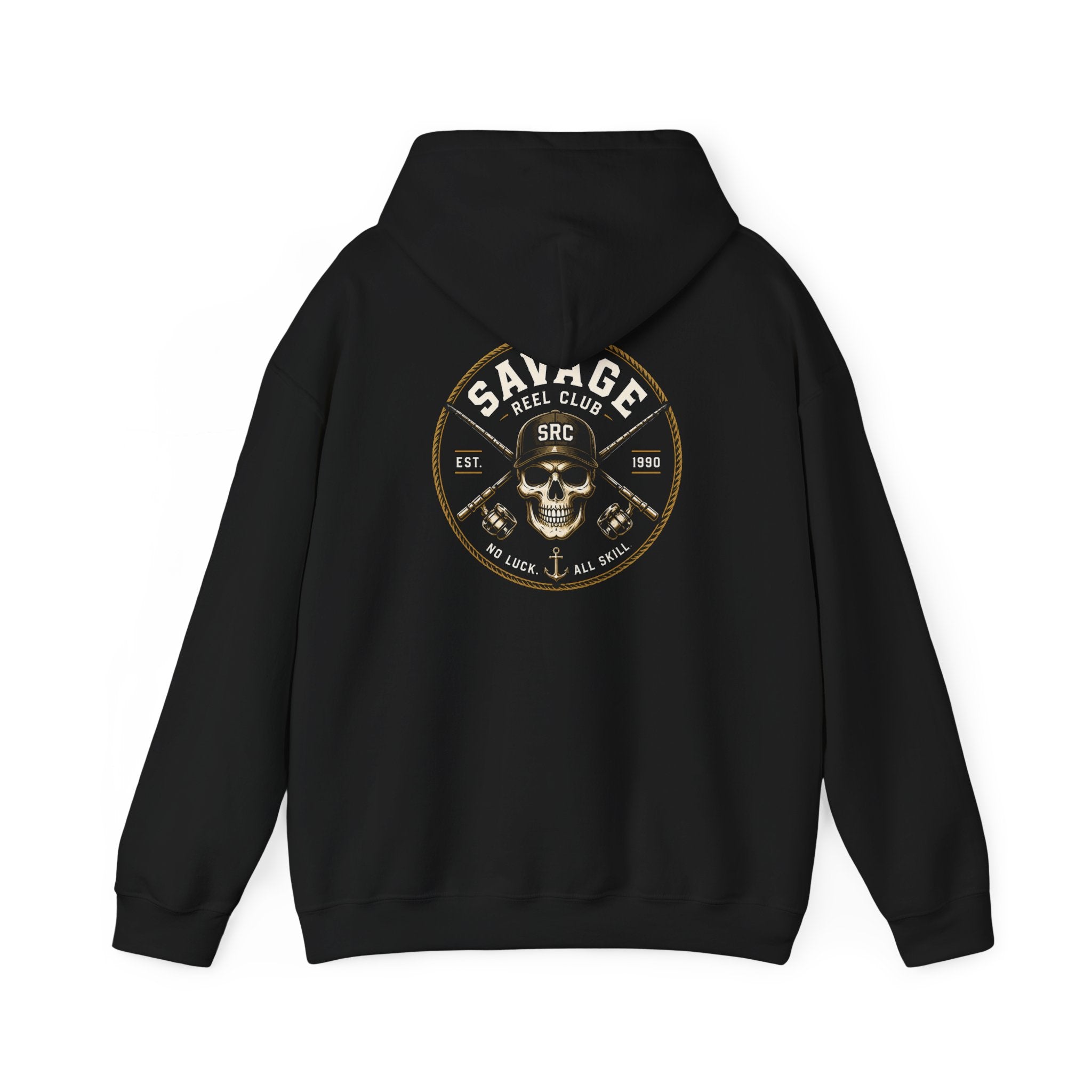 Printify Savage Reel Club hoodie featuring a fishing skull logo on a comfortable pullover hoodie.