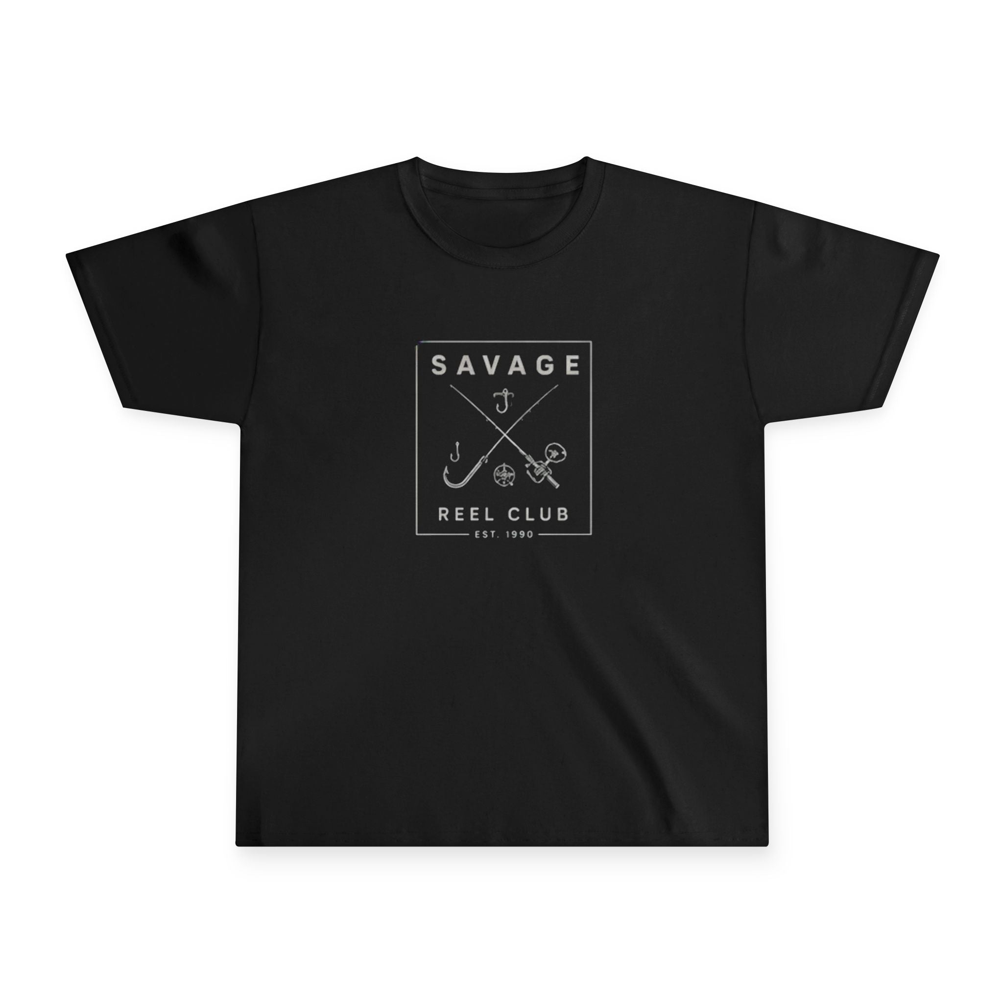 Kids' Savage Reel Club Youth T-Shirt featuring fishing hooks print, made by Printify, with a casual fit and colorful design.