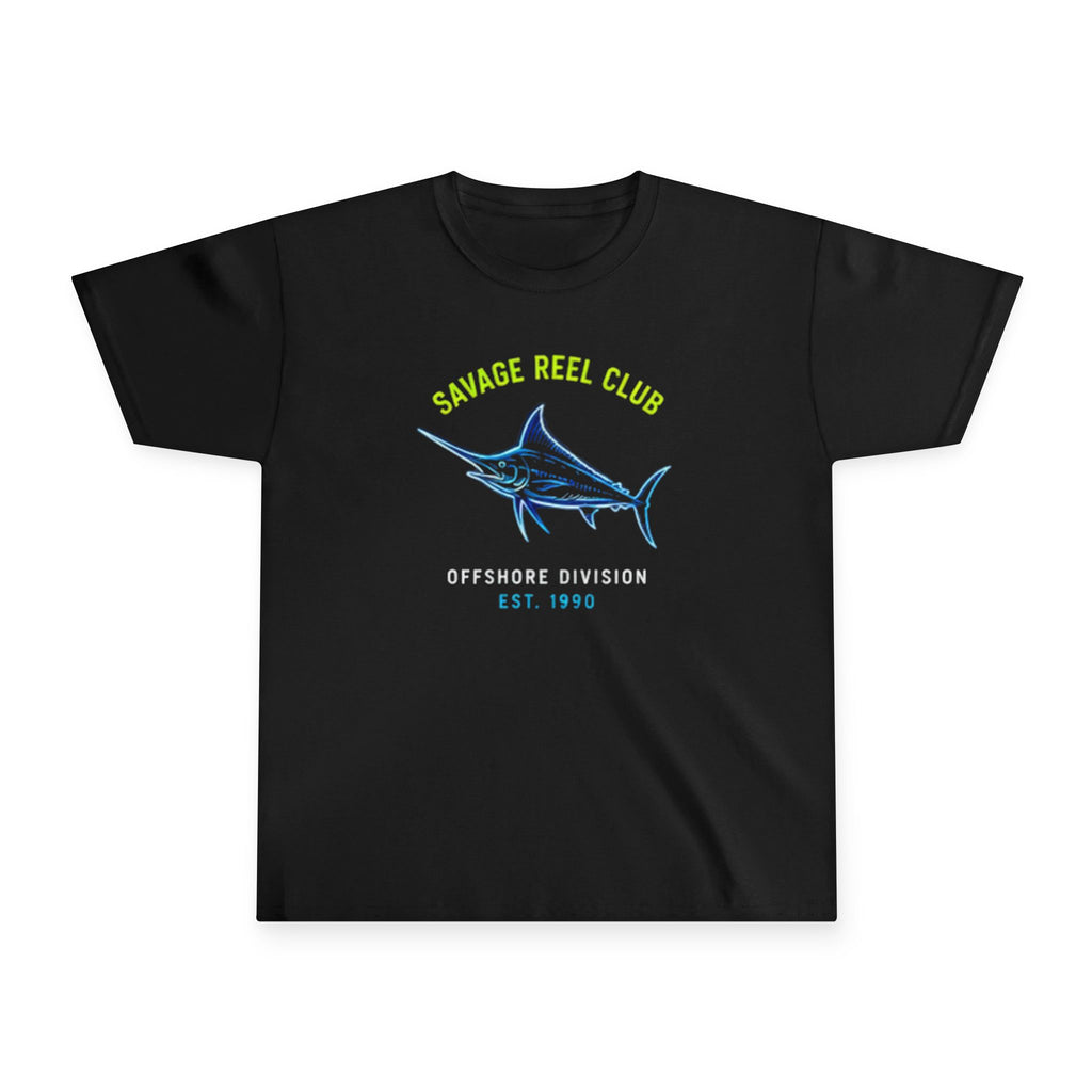 Kids youth tee shirt with "Savage Reel Club" marlin fishing graphic by Printify, featuring colorful marine fishing illustration.