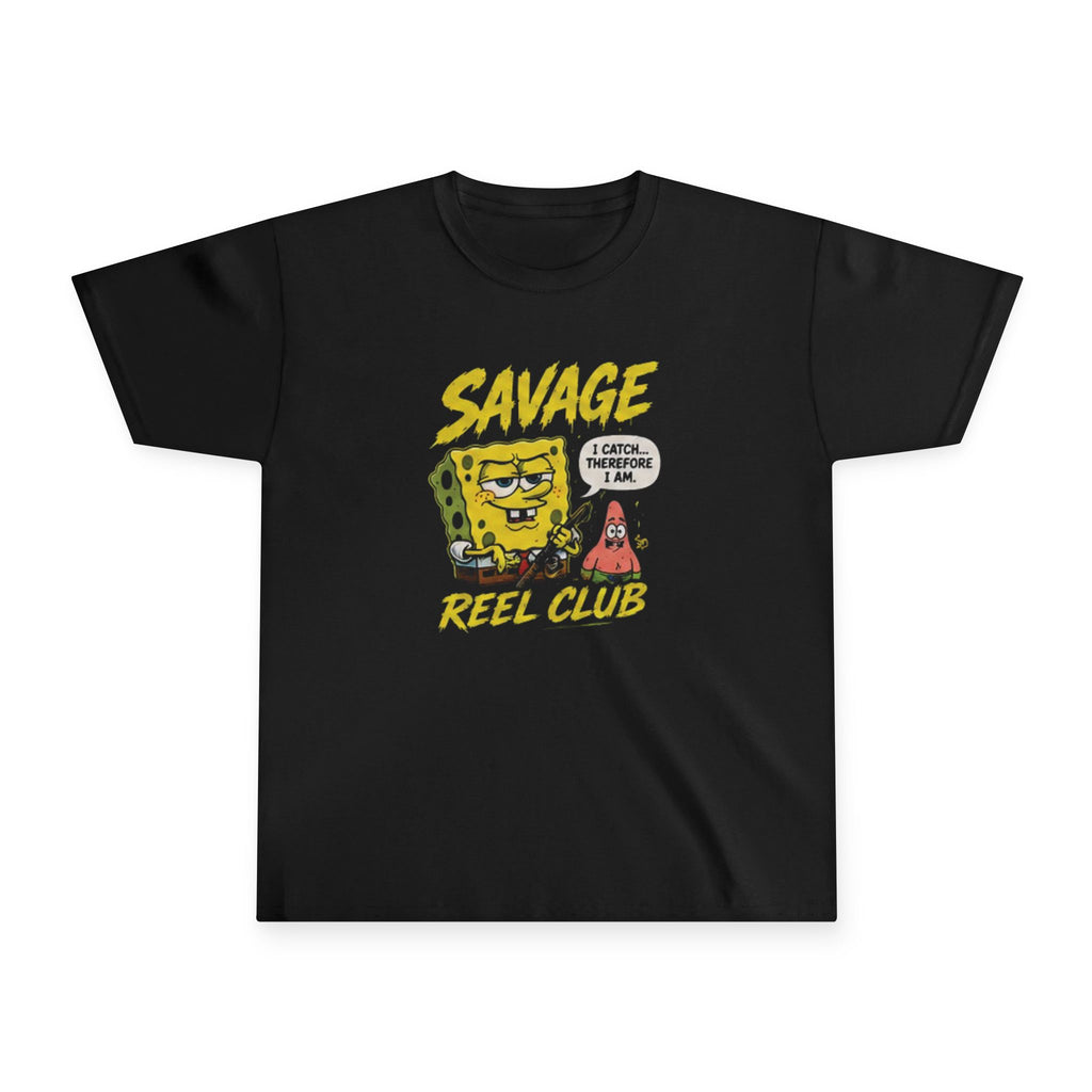 Kids' Savage Reel Club youth T-shirt by Printify featuring SpongeBob-inspired fishing humor design on a casual kids' clothes top.