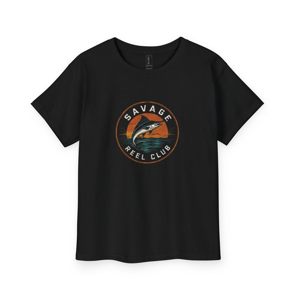 Kids' Savage Reel Club T-shirt featuring a retro fishing marlin design, made by Printify, perfect for young fishing enthusiasts.