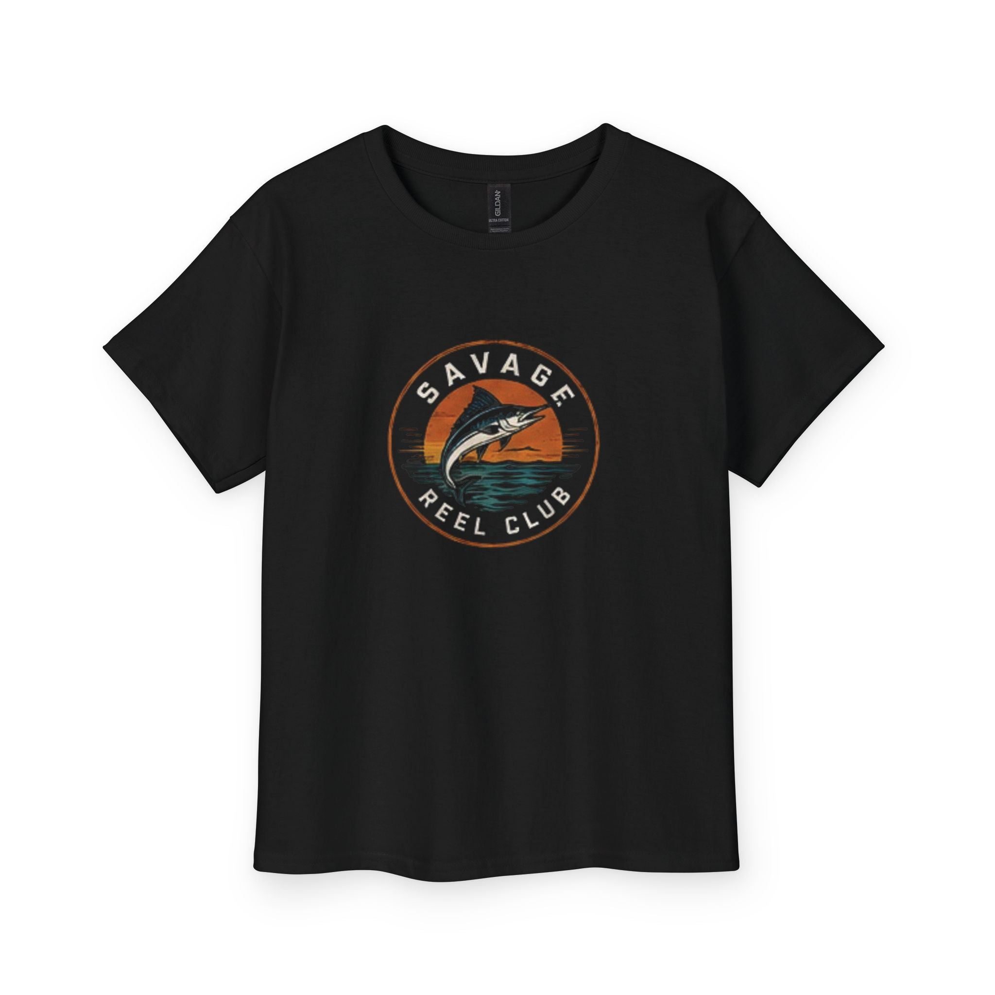 Kids' Savage Reel Club T-shirt featuring a retro fishing marlin design, made by Printify, perfect for young fishing enthusiasts.