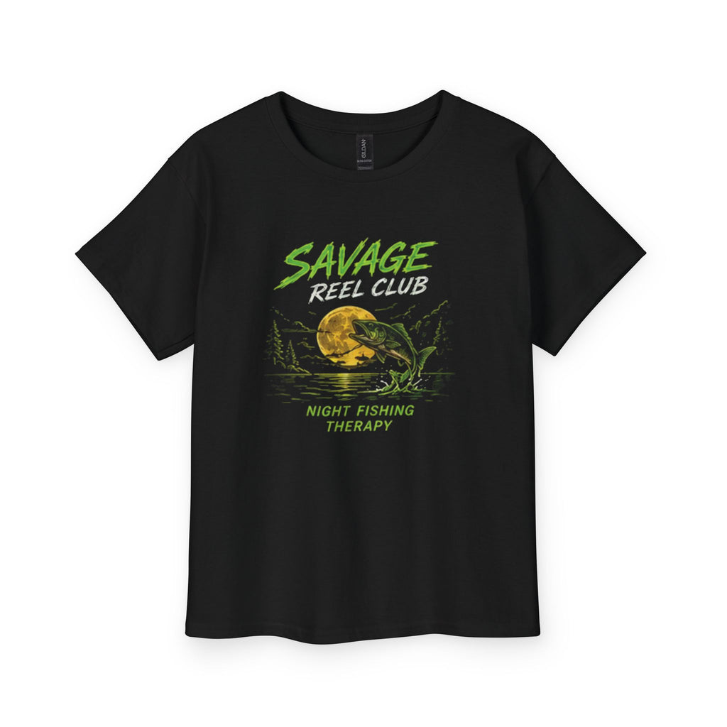 Kids' Savage Reel Club Night Fishing Therapy T-shirt by Printify featuring a fishing-themed graphic on navy fabric.