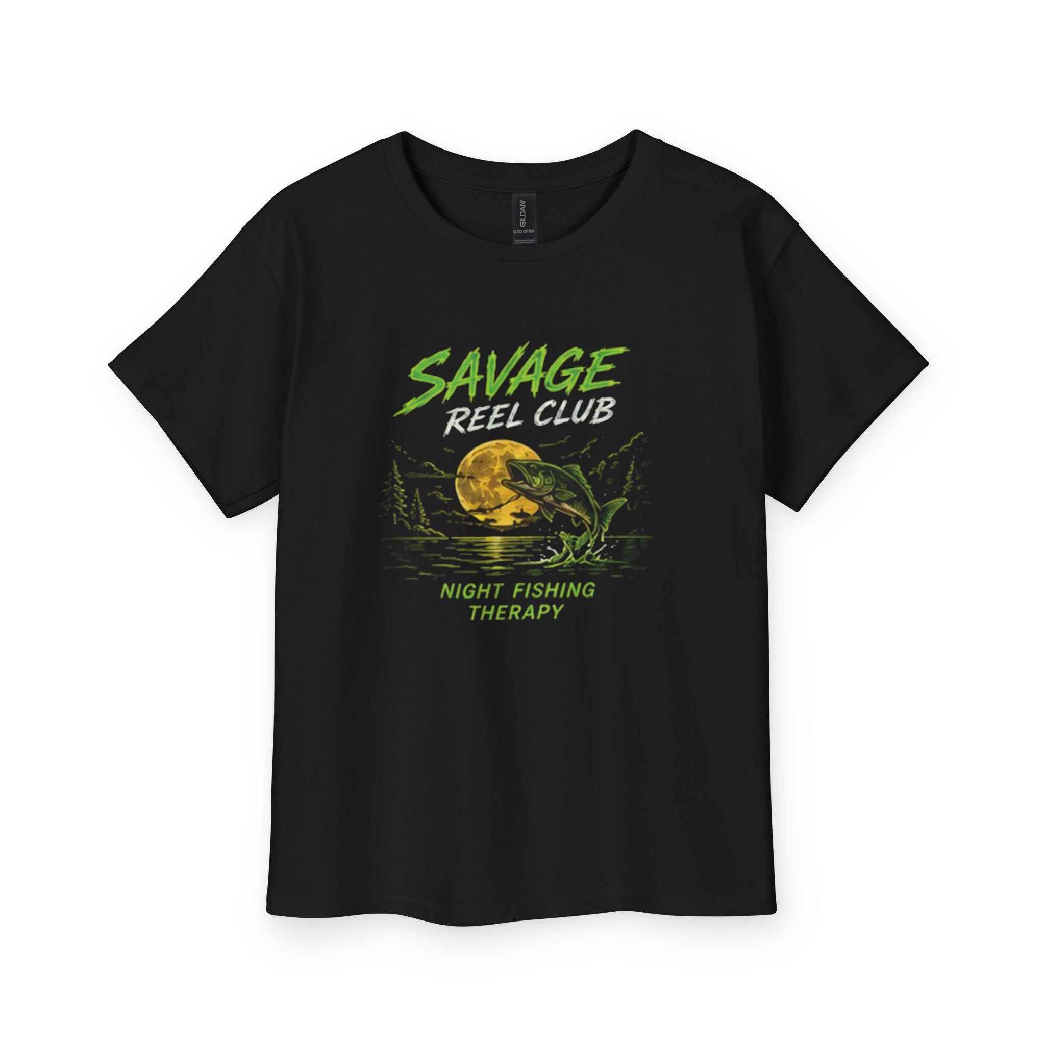 Kids' Savage Reel Club Night Fishing Therapy T-shirt by Printify featuring a fishing-themed graphic on navy fabric.