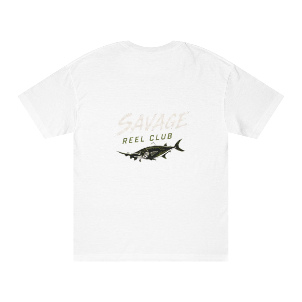Graphic Savage Reel Club fishing T-shirt featuring a vibrant tuna fish design, casual cotton shirt for fishing enthusiasts.