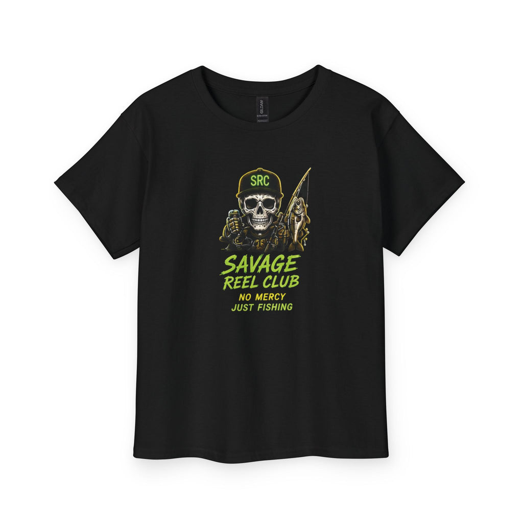 Kids' Savage Reel Club Skull Fishing T-shirt by Printify featuring a fishing-themed skull graphic and "No Mercy Just Fishing" slogan.
