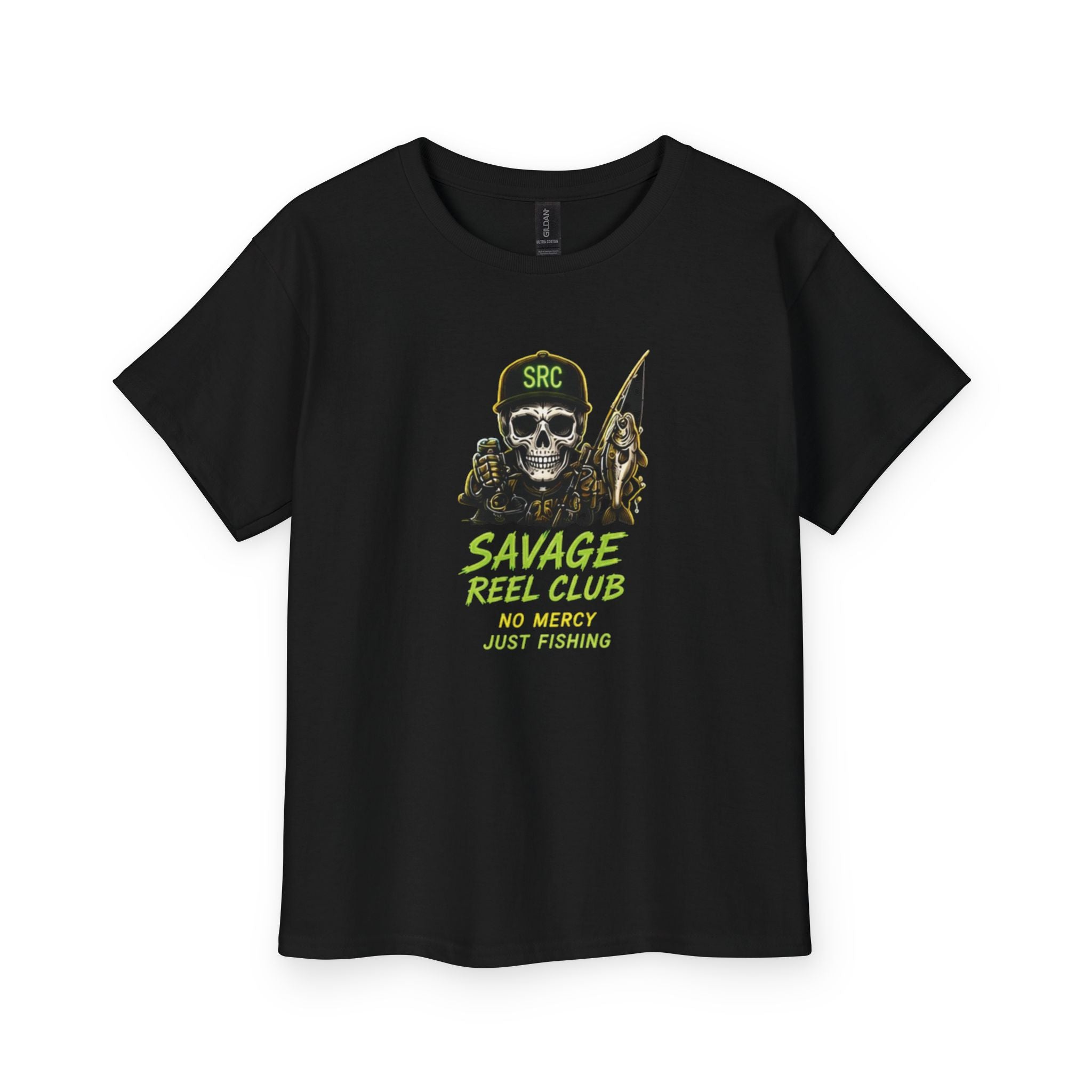 Kids' Savage Reel Club Skull Fishing T-shirt by Printify featuring a fishing-themed skull graphic and "No Mercy Just Fishing" slogan.