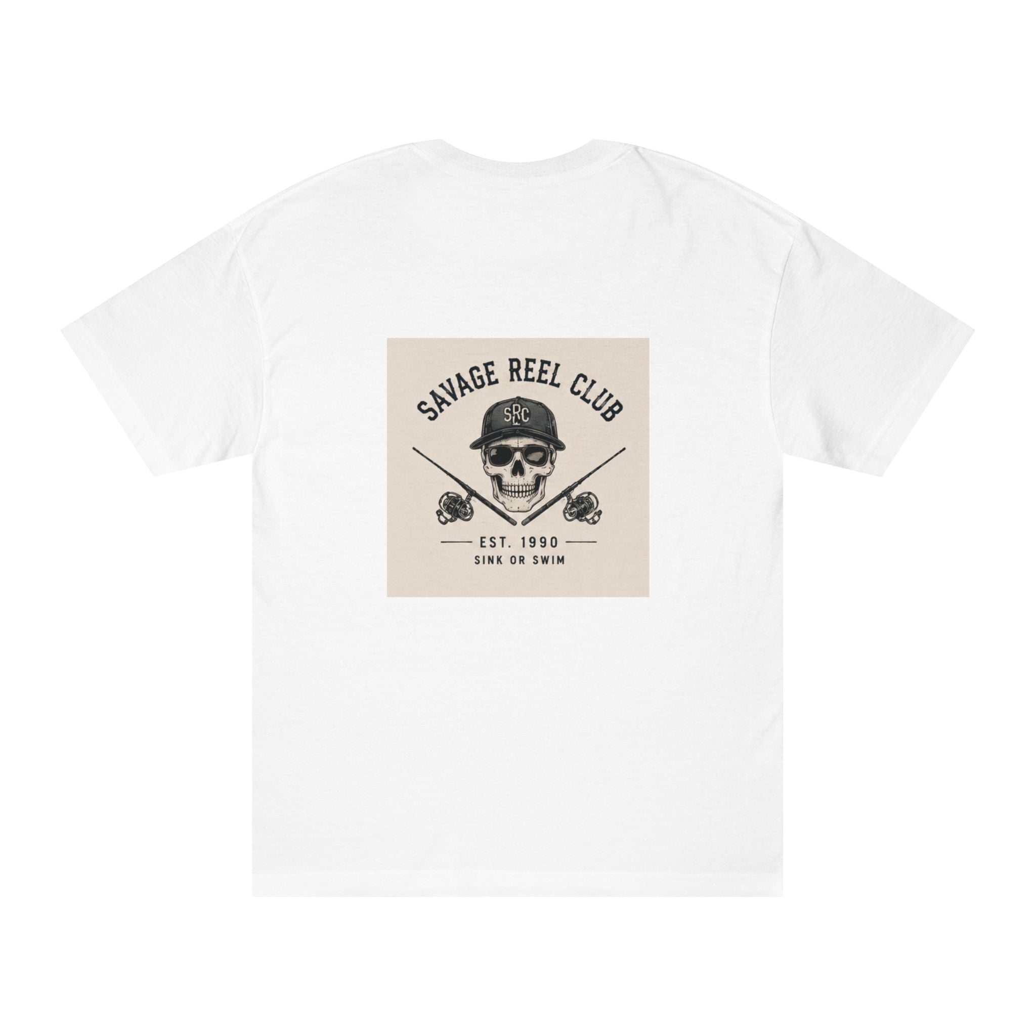Black Savage Reel Club fishing T-shirt featuring skull and crossed fishing rods design, printed by Printify.