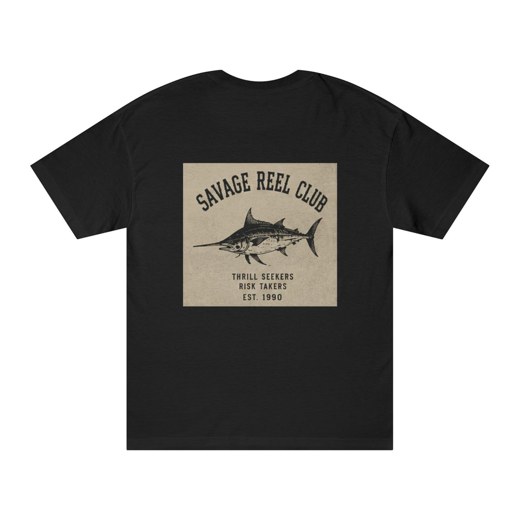 Men's fishing T-shirt featuring a Marlin graphic and "Savage Reel Club" print, casual wear by Printify.