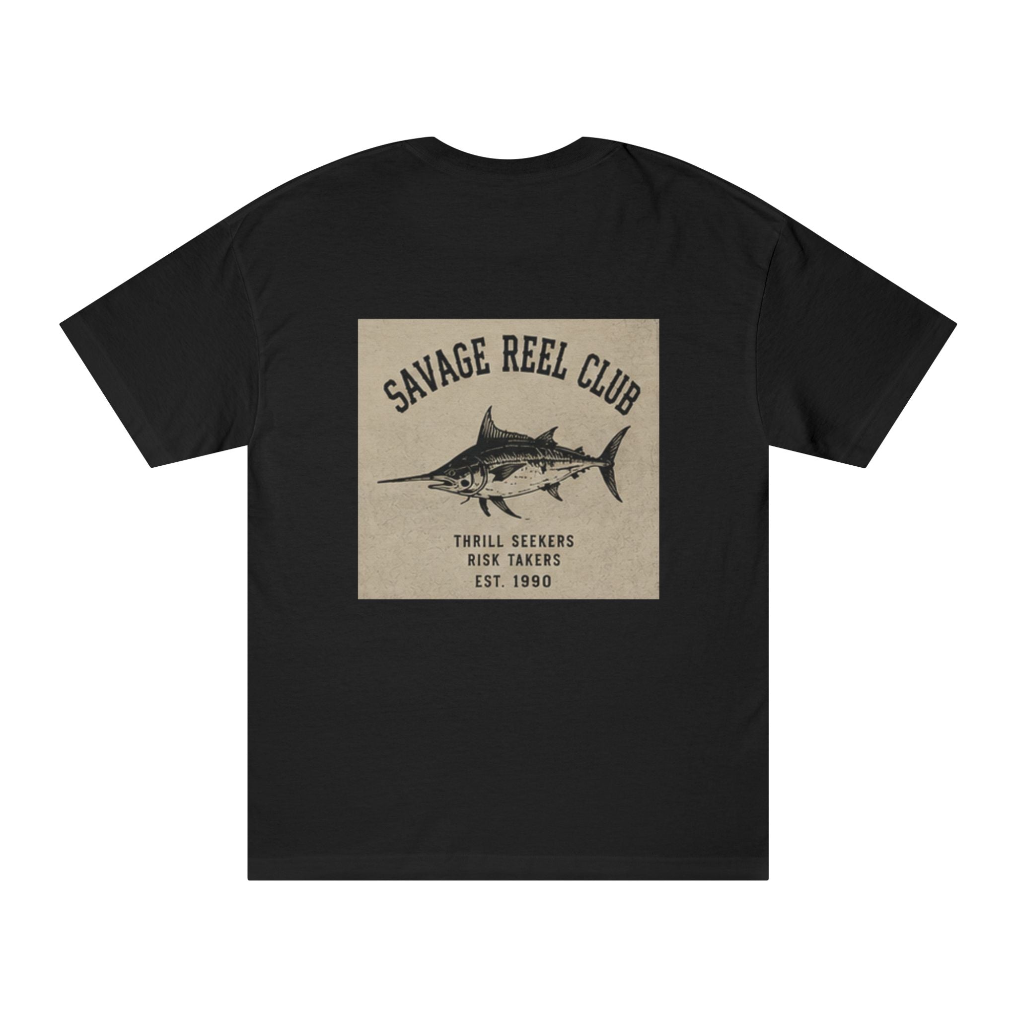 Men's fishing T-shirt featuring a Marlin graphic and "Savage Reel Club" print, casual wear by Printify.