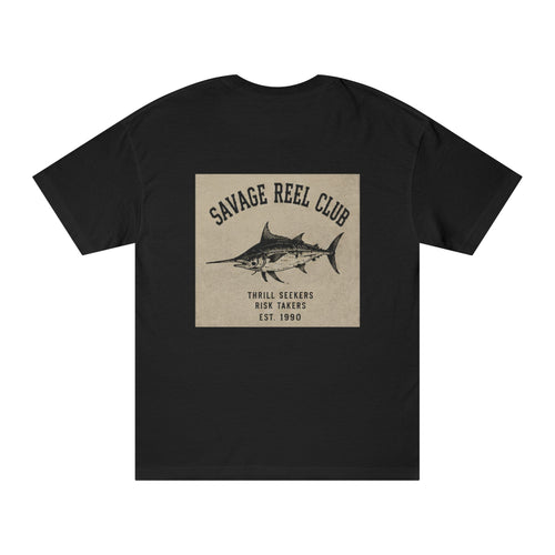 Men's fishing T-shirt featuring a Marlin graphic and "Savage Reel Club" print, casual wear by Printify.