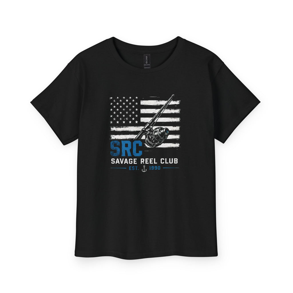 Kids' Savage Reel Club youth fishing t-shirt featuring American flag design, casual kids clothing by Printify, front view.