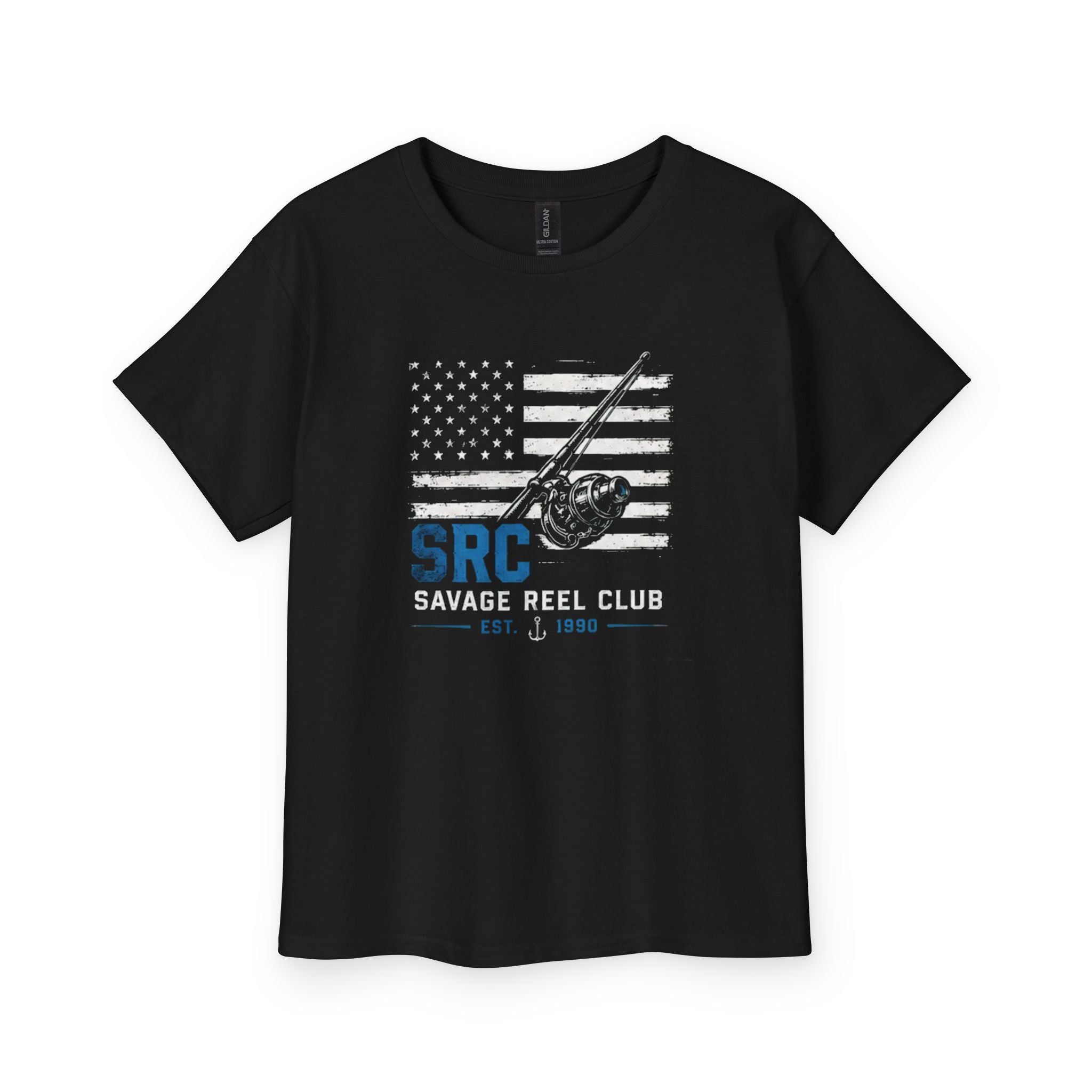 Kids' Savage Reel Club youth fishing t-shirt featuring American flag design, casual kids clothing by Printify, front view.