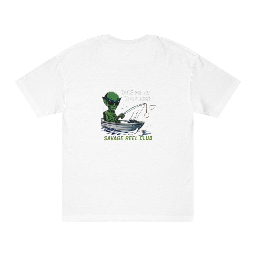 Printify "Save Me to Your Fish" Alien Fishing T-shirt featuring a colorful graphic design for fishing and alien enthusiasts.