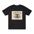 Printify Savage Reel Club whale tail vintage fishing T-shirt displayed on a model, featuring a classic maritime design.