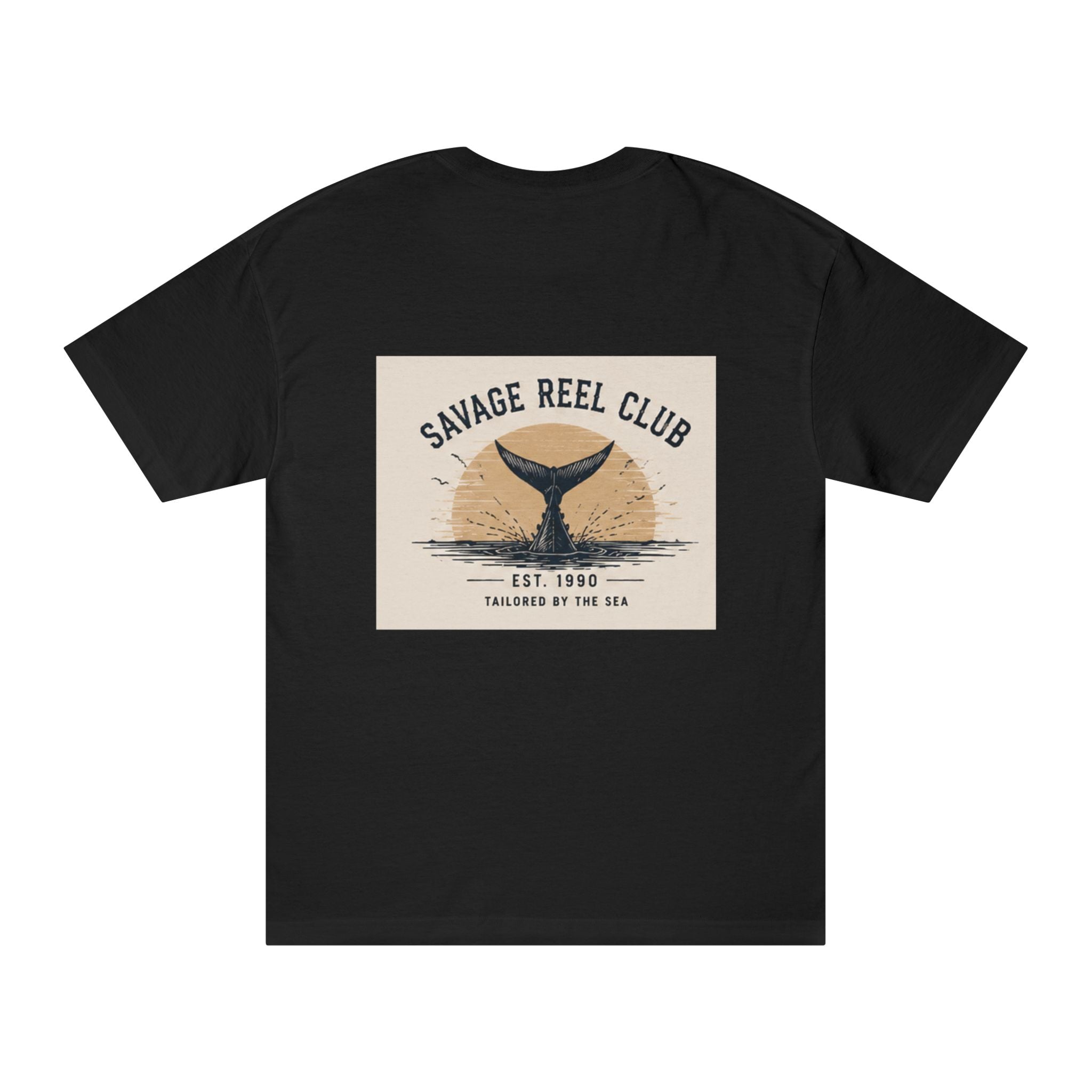Printify Savage Reel Club whale tail vintage fishing T-shirt displayed on a model, featuring a classic maritime design.