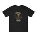 Printify Savage Reel Club fishing T-shirt with graphic design "Reel Club: Fuck Around Find Out" displayed on front.