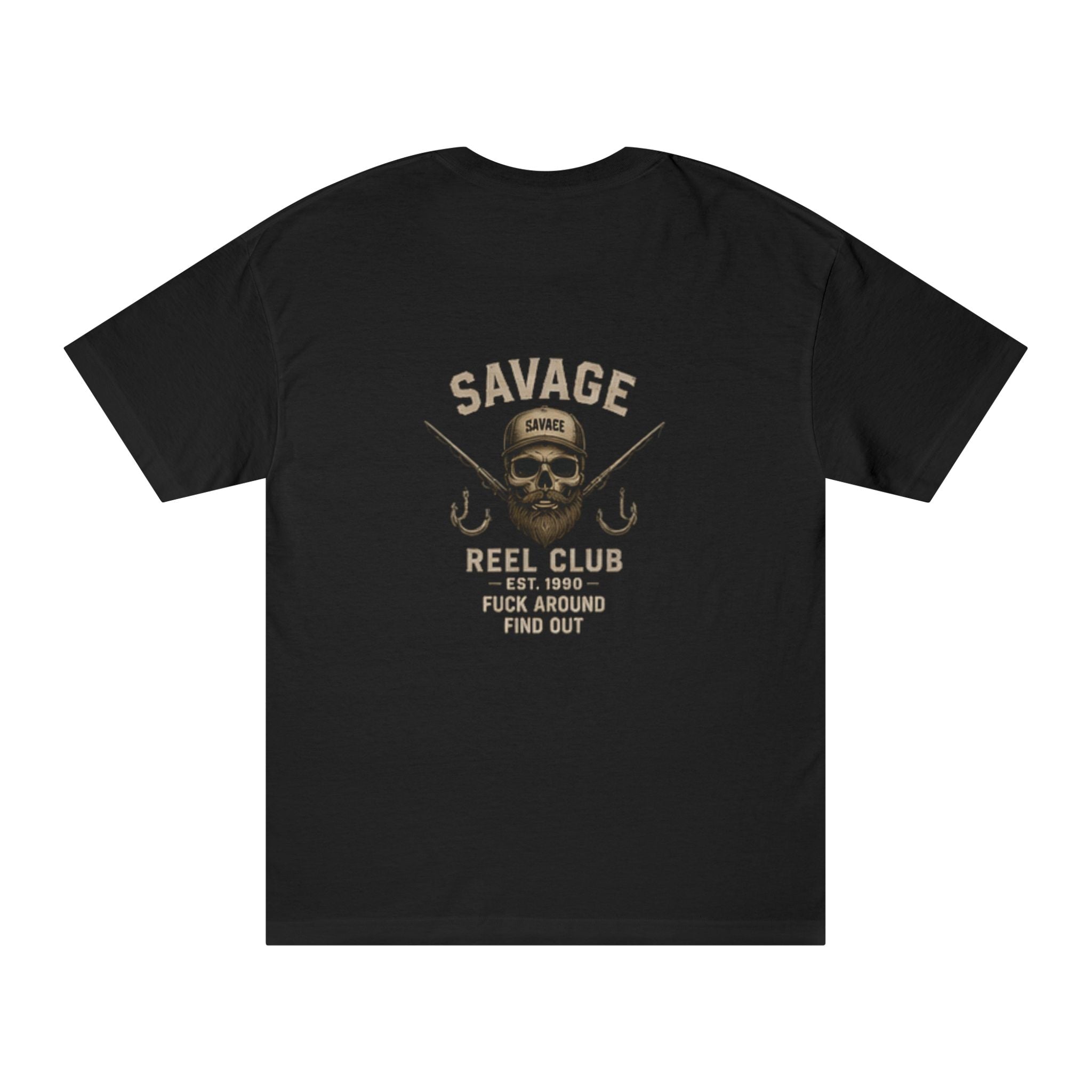 Printify Savage Reel Club fishing T-shirt with graphic design "Reel Club: Fuck Around Find Out" displayed on front.